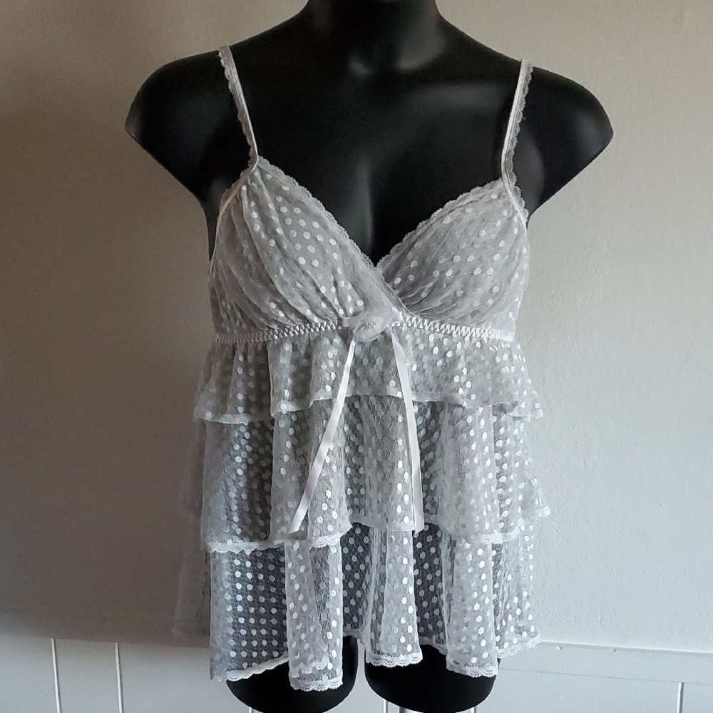White Polka Dot Tiered Lace Babydoll Coquette Top